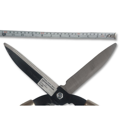Pair of garden shears with a ruler for scale on a white background