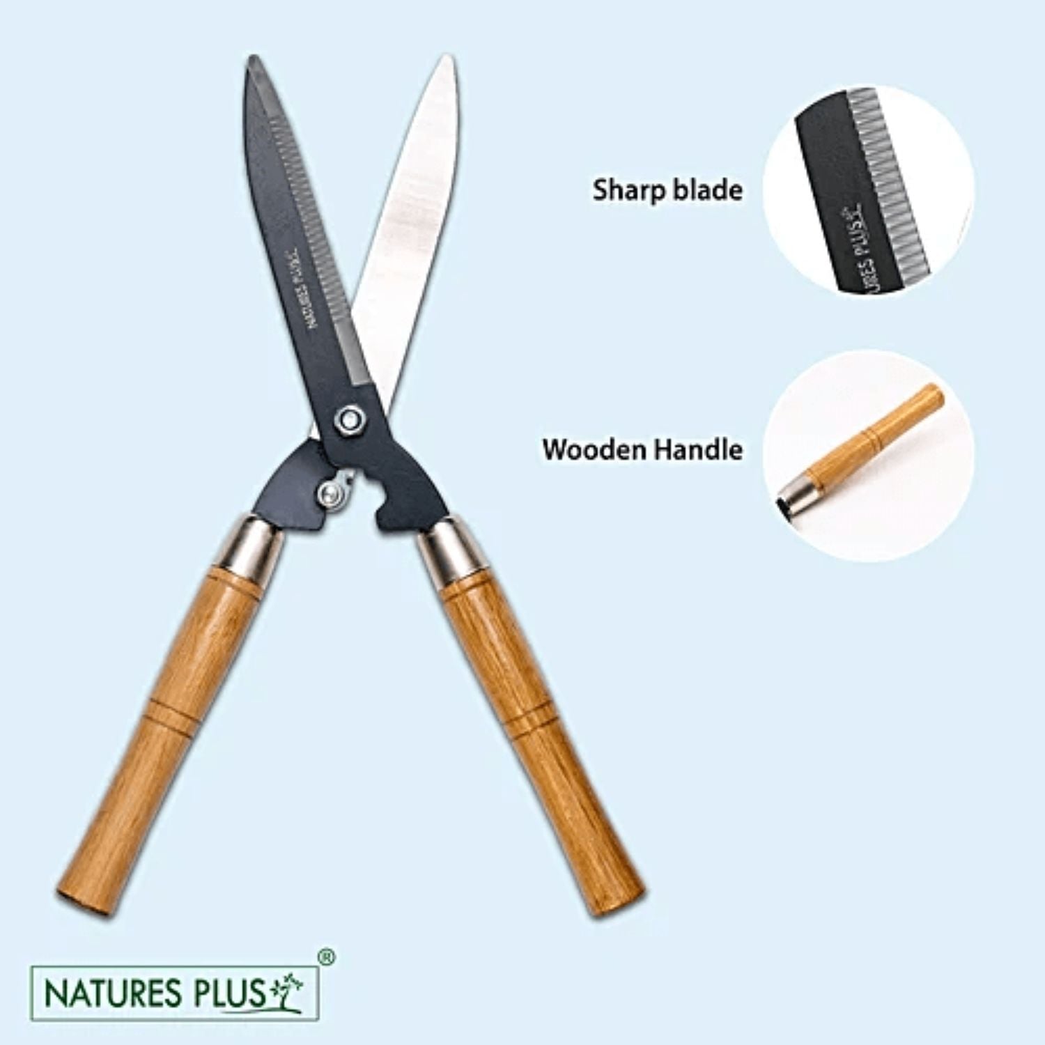 Gardening shears with wooden handles and a sharp blade on a light blue background, featuring the Natures Plus brand.