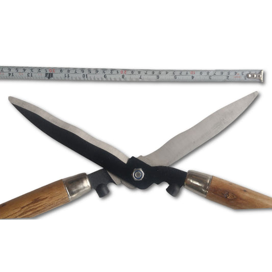 garden hedge cutter with wooden handle and metal blades, measured against a ruler on a white background