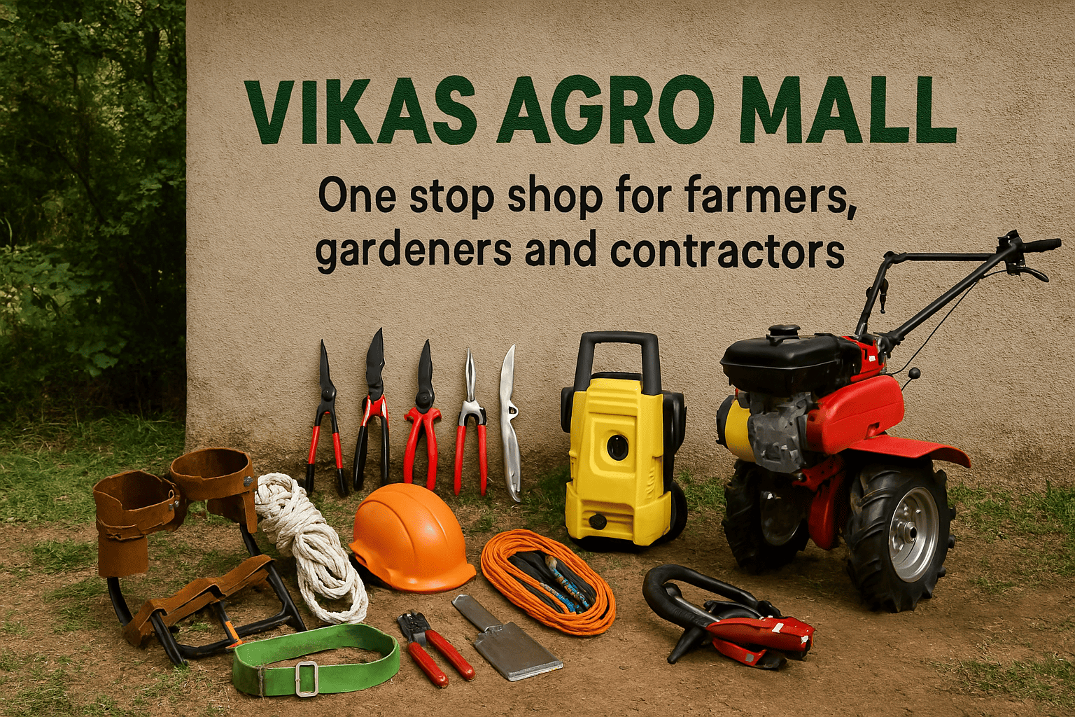 Display of agricultural tools and equipment with 'Vikas Agro Mall' branding.