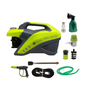 Green and gray pressure washer with various attachments on a white background