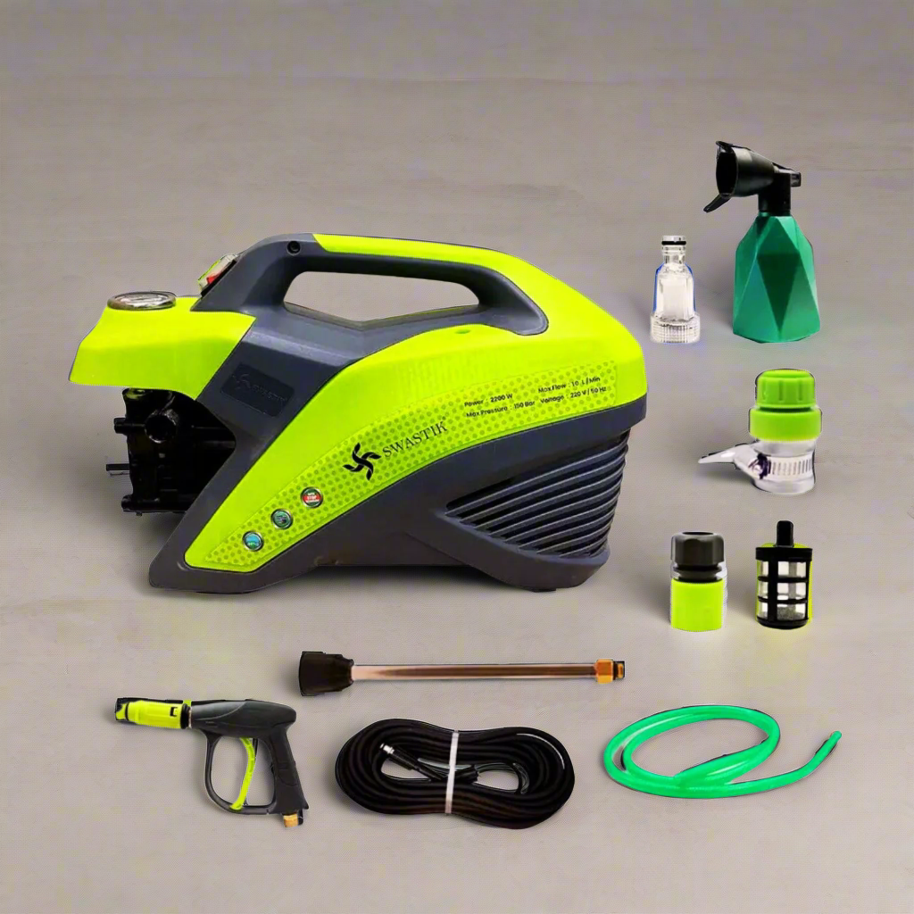 Green and gray pressure washer with various attachments on a beige background