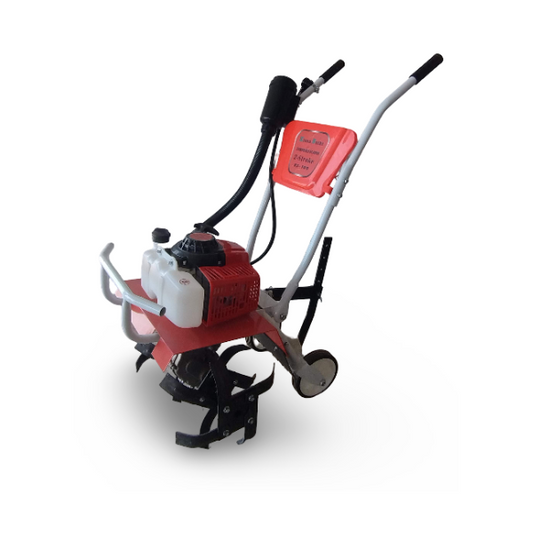 Red and black tiller on a white background