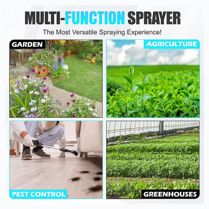 Advertisement for a multi-function sprayer with images of garden, agriculture, pest control, and greenhouses.