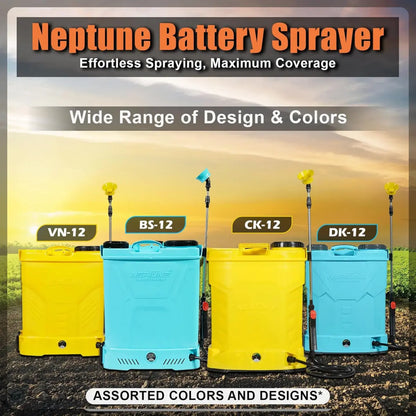 Neptune Battery Sprayer with various designs and colors on a field background