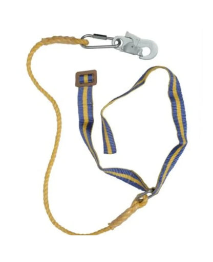 Safety Belt with blue and yellow pattern and metal clip on a white background