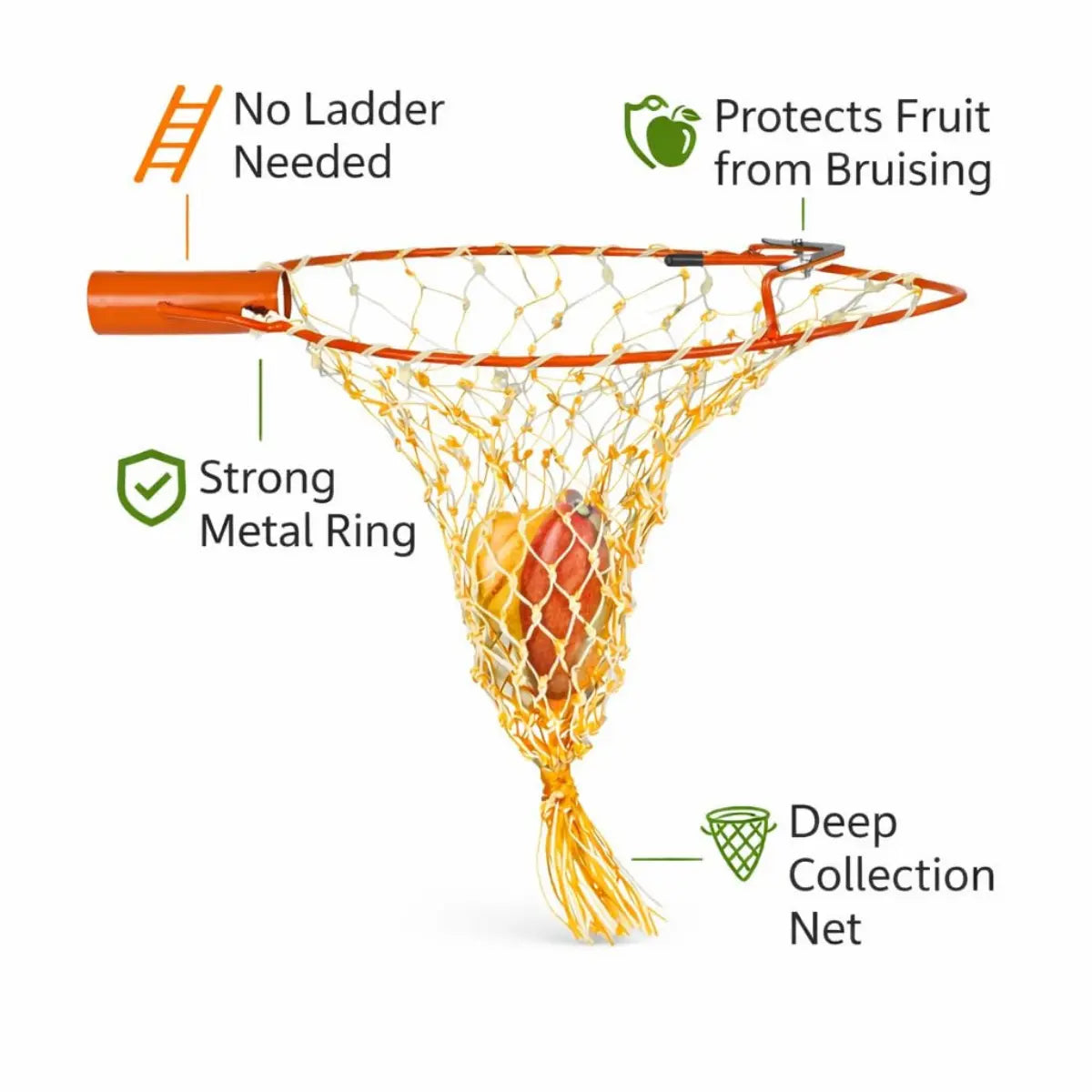 Orange fruit collection net with features highlighted on a white background