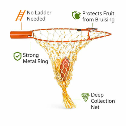 Orange fruit collection net with features highlighted on a white background