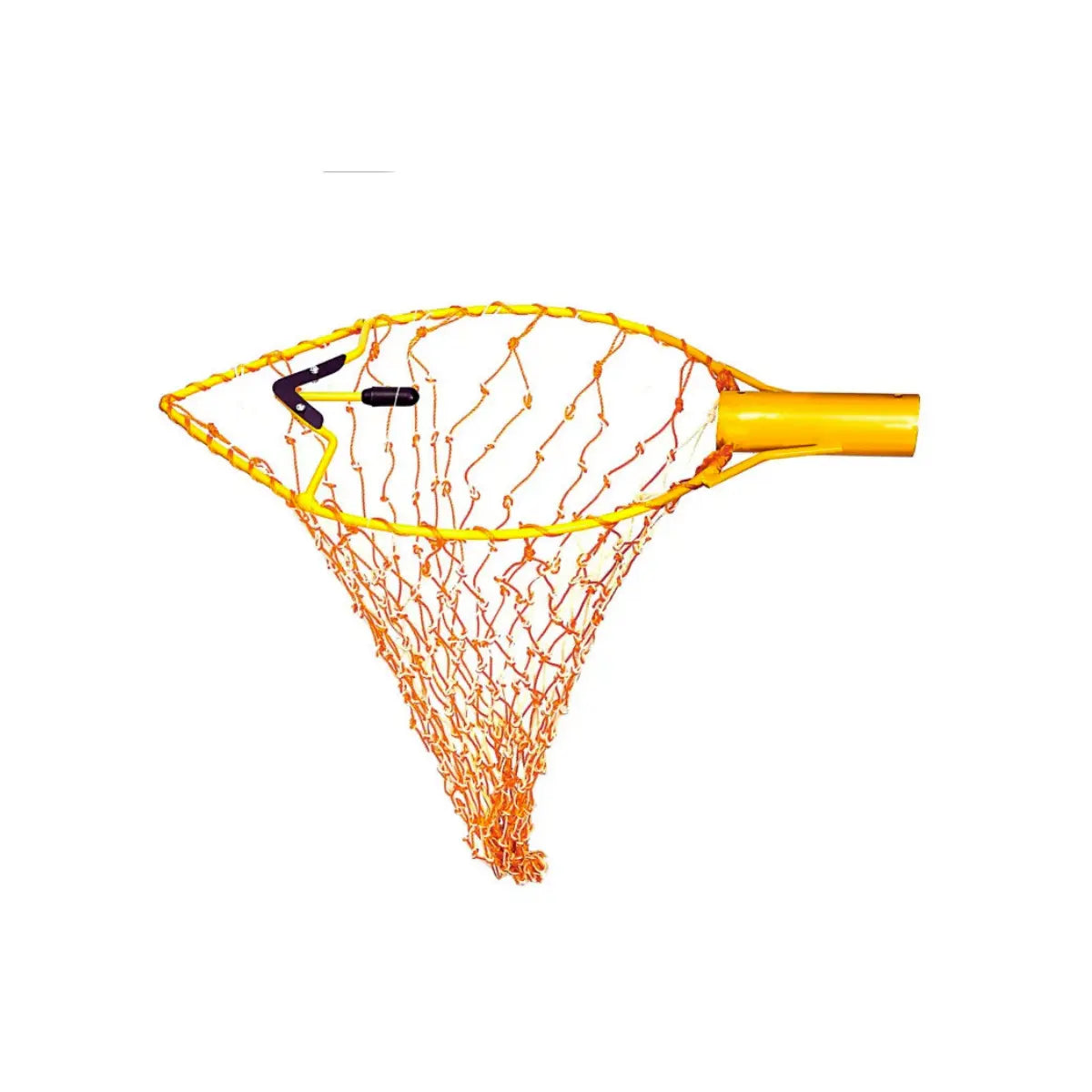 Yellow mango harvesting net with orange mesh on a white background
