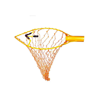 Yellow mango harvesting net with orange mesh on a white background
