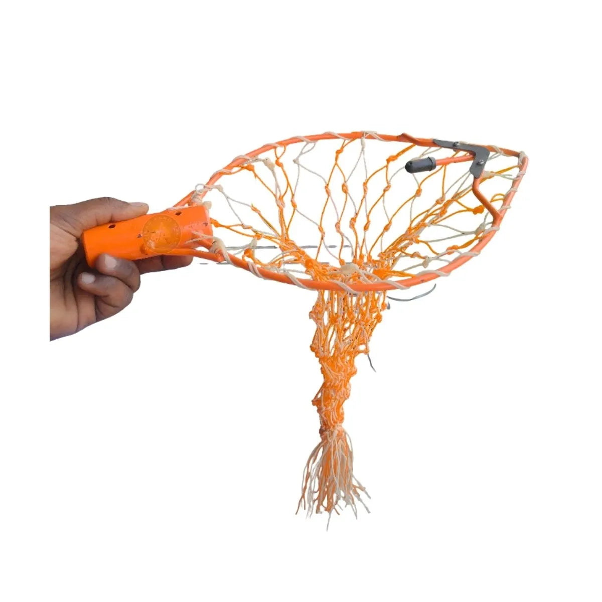 Hand holding a mango plucker net with an orange handle on a white background