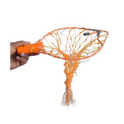 Hand holding a mango plucker net with an orange handle on a white background