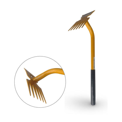 Garden weeder hand tool with a close-up inset on a white background