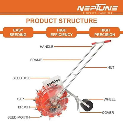 Neptune seed sowing  machine with labeled parts on a white background