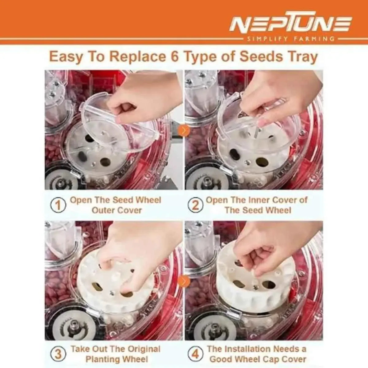 Instructions for replacing a seed tray for a seed sowing machine with Neptune branding on an orange background