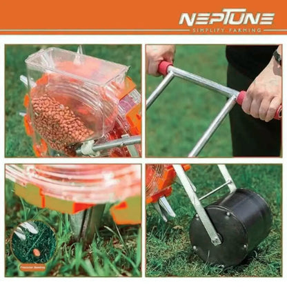 Gardening seed sowwing tool with seed container and seeding action on grass