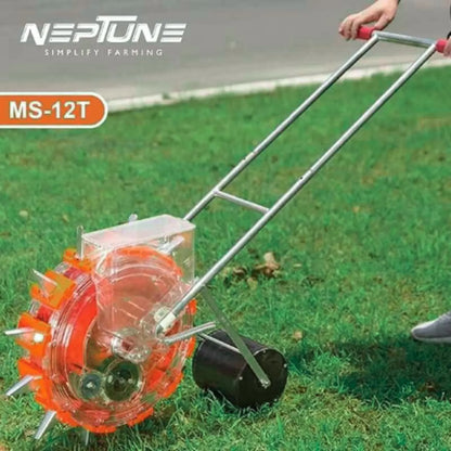 Neptune MS-12T lawn seed spreader on lawn grass with 'Neptune Simplify Farming' branding.