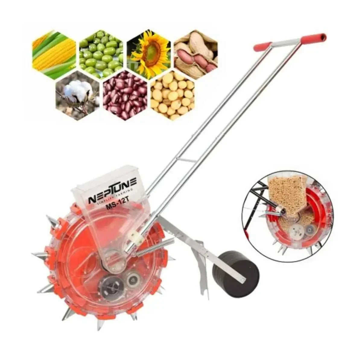 Neptune MS-123 seed sowing machine with images of crops on a white background