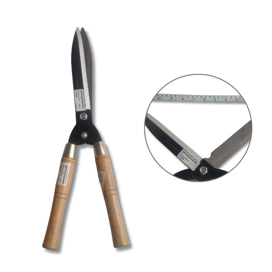 Garden shears with wooden handles on a white background, showing a close-up of the blades.