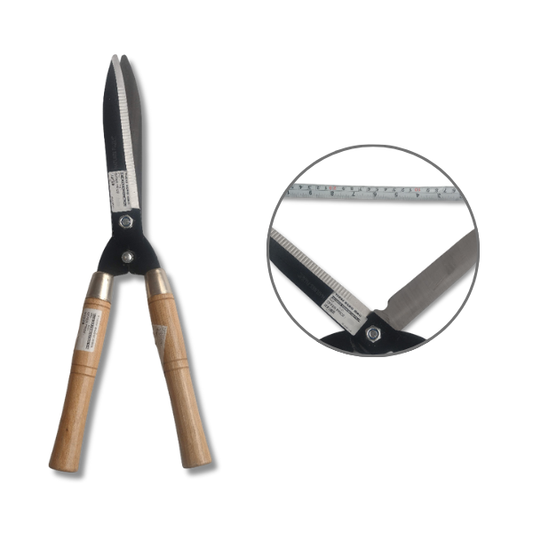 Gardening shears with wooden handles and a close-up of the blade on a white background