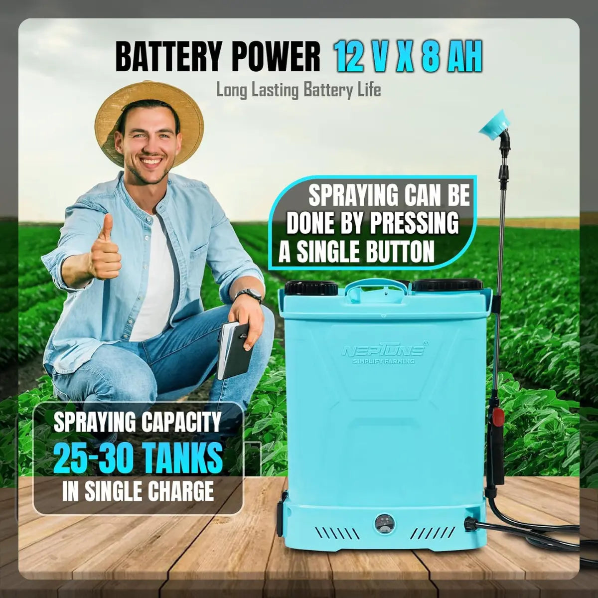 Neptune battery-powered sprayer with a man giving a thumbs-up in a field, highlighting features like battery power and spraying capacity.