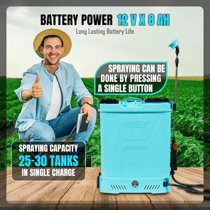 Neptune battery-powered sprayer with a man giving a thumbs-up in a field, highlighting features like battery power and spraying capacity.