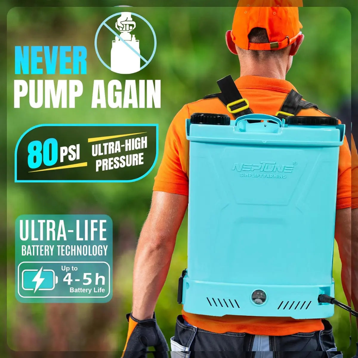 Person wearing a blue backpack pressure pump, featuring text about pressure and battery life.