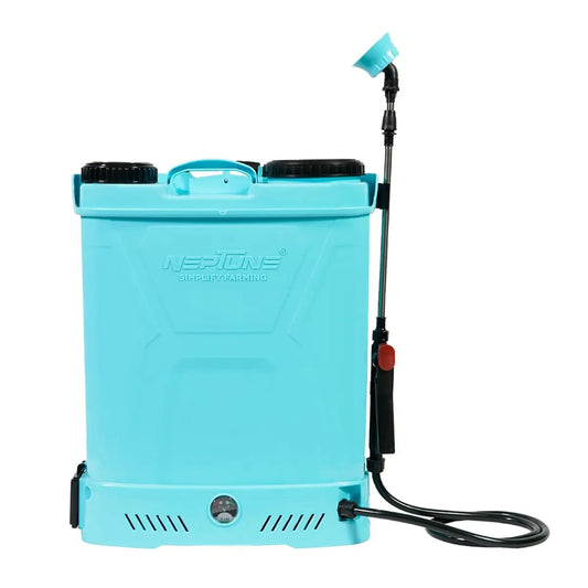 Blue backpack sprayer with a nozzle on a white background