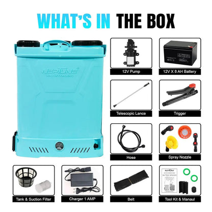 Teal backpack pressure pump with list of included items on a white background
