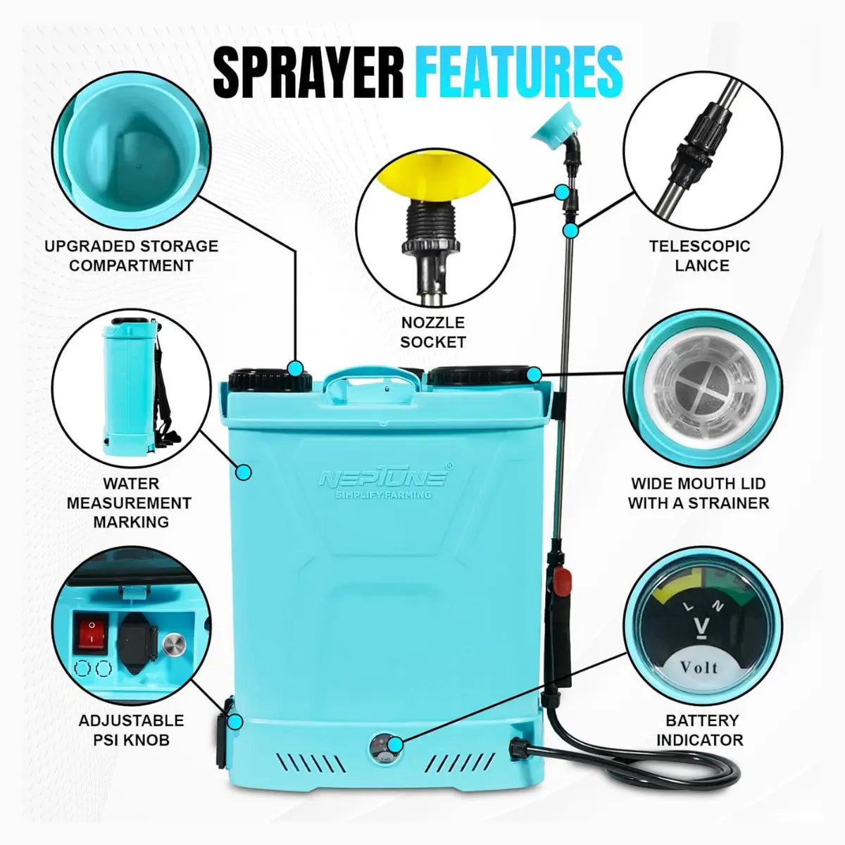 Neptune backpack sprayer with labeled features on a white background