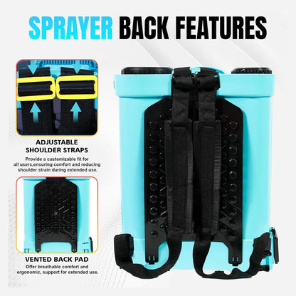 Sprayer with adjustable shoulder straps and vented back pad on a white background