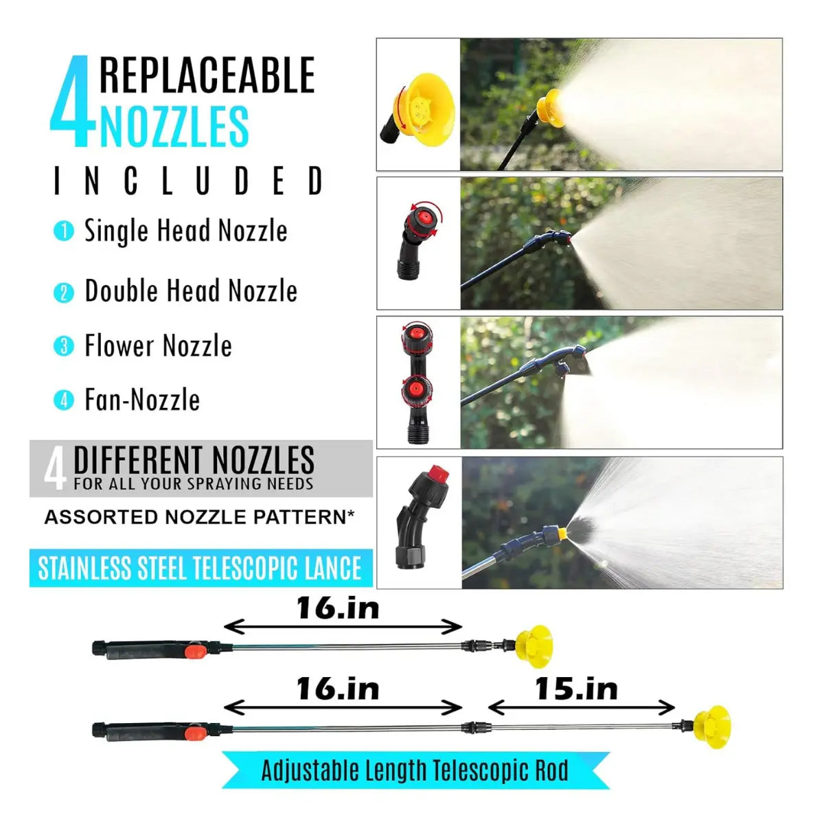 Spray gun with interchangeable nozzles and telescopic lance on a white background
