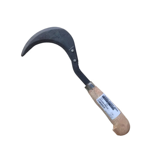 Sickle with wooden handle on a white background