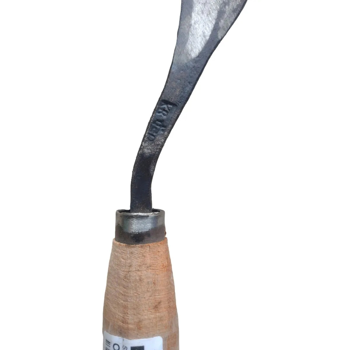 sickle handle with wooden grip and metal cap on a white background