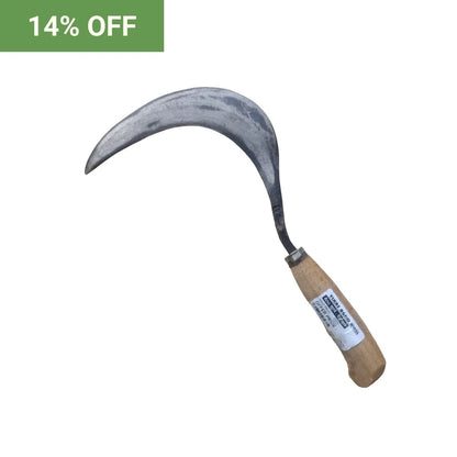 Sickle with wooden handle on a white background, promotional text '14% OFF' in green box.