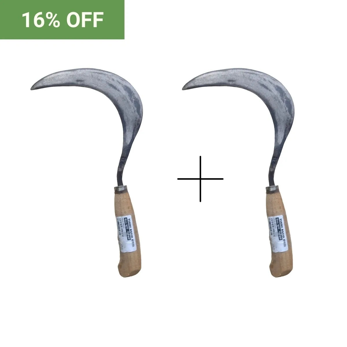 Two sickles with wooden handles on a white background, promotional text '16% OFF' in green box.
