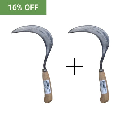 Two sickles with wooden handles on a white background, promotional text '16% OFF' in green box.