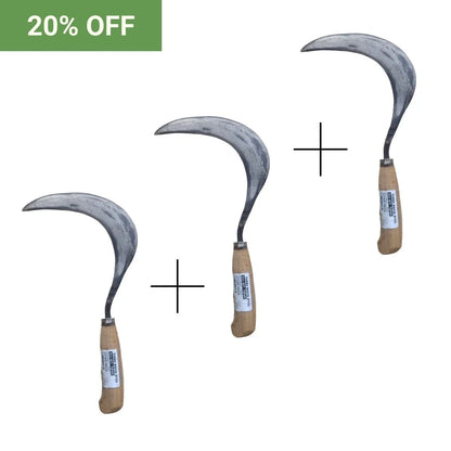 Three sickles with wooden handles on a white background, with a 20% off label.