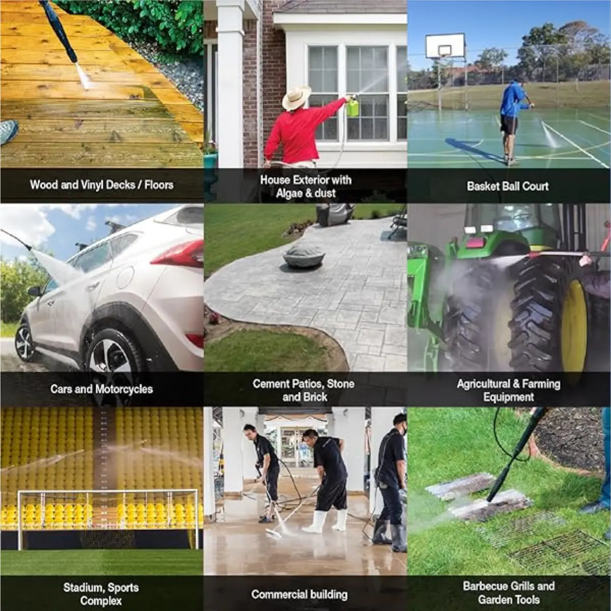 Collage of various cleaning applications using a pressure washer.