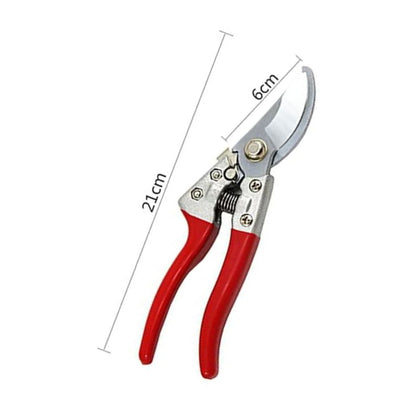 Gardening pruner with red handles and measurements on a white background