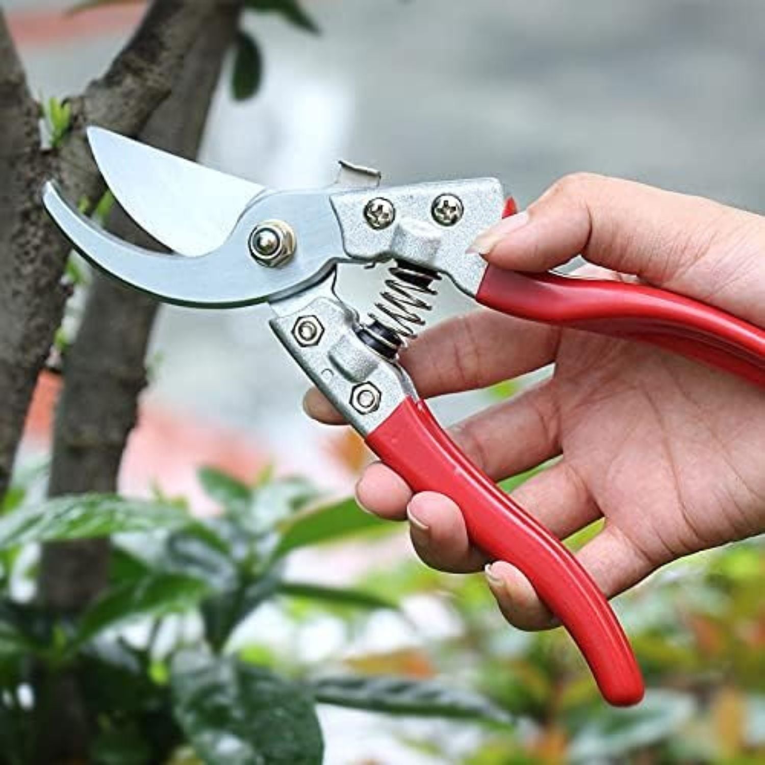 Gardening shears with red handles held by a hand against a blurred garden background