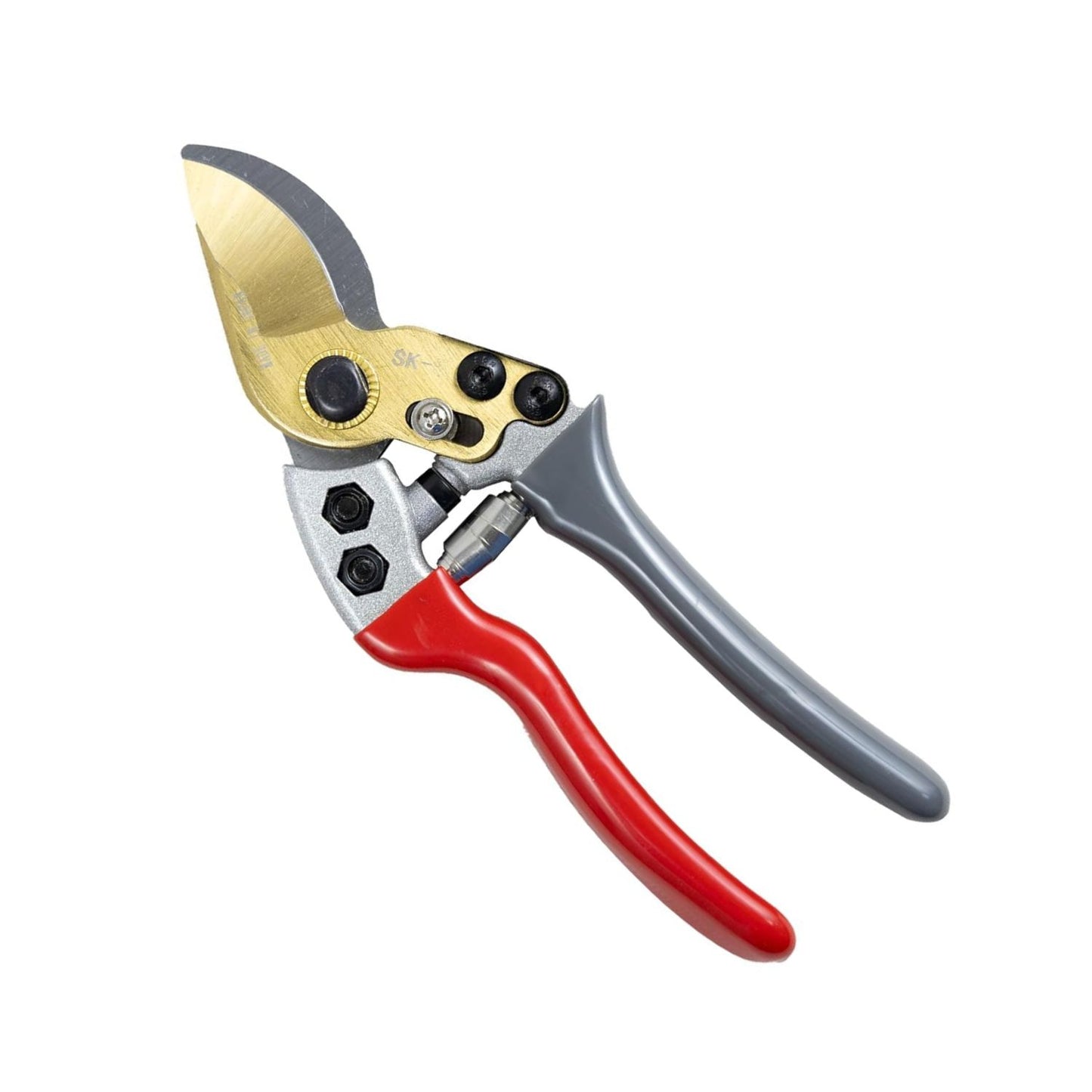Gardening pruner with red handle and gold blade on a white background