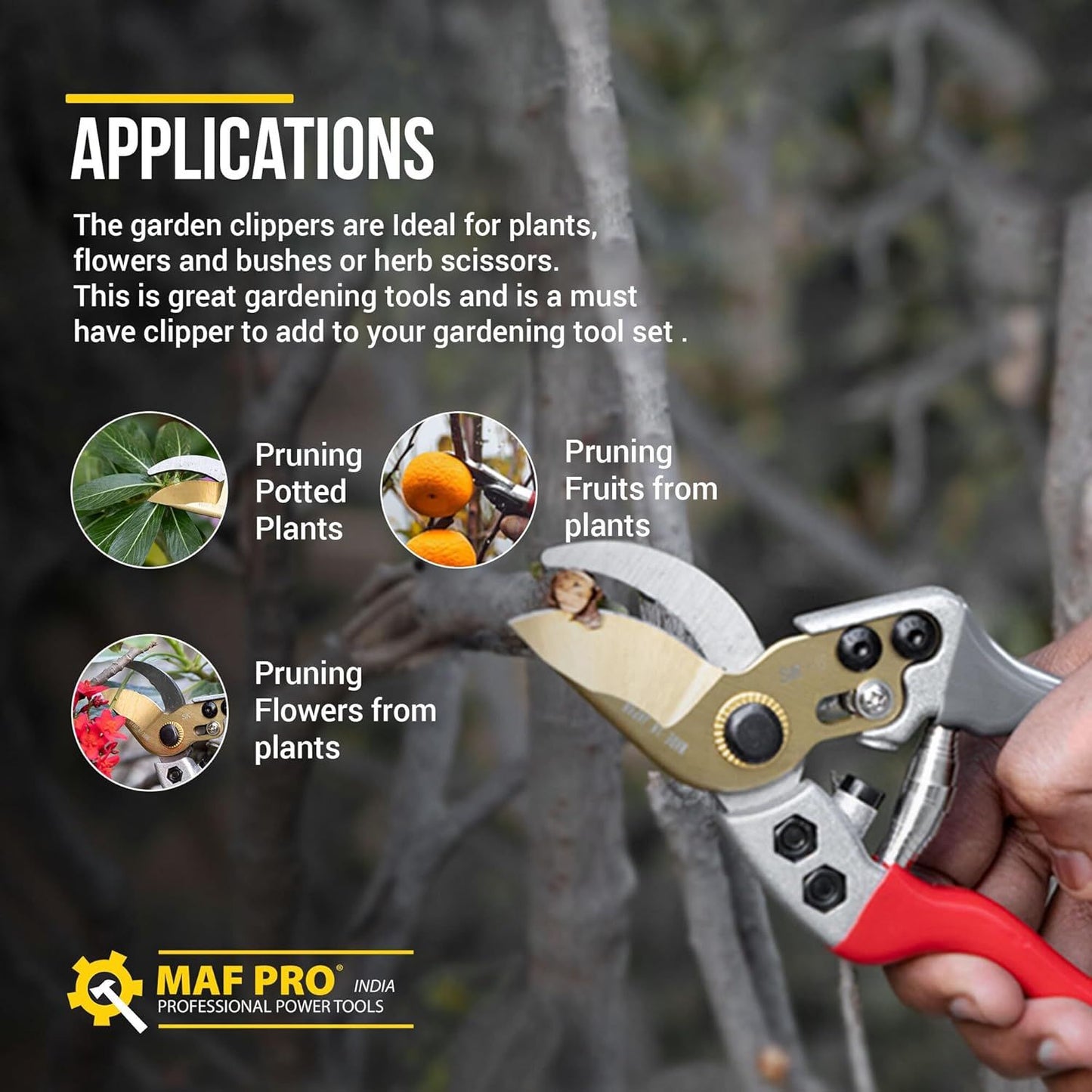 Gardening pruner with text on applications and MAF Pro branding