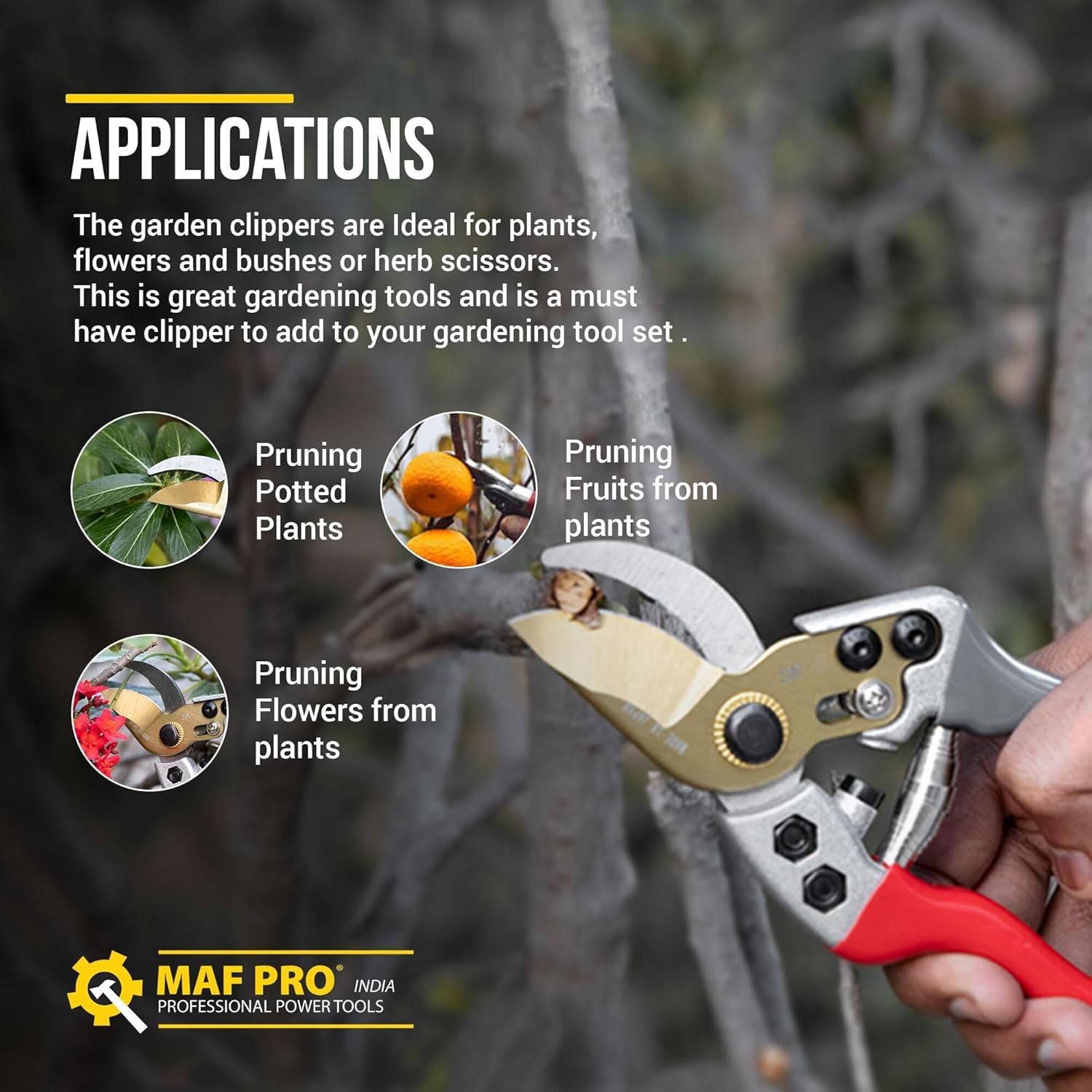 Gardening pruner with text on applications and MAF Pro branding
