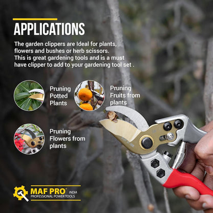 Gardening pruner with text on applications and MAF Pro branding