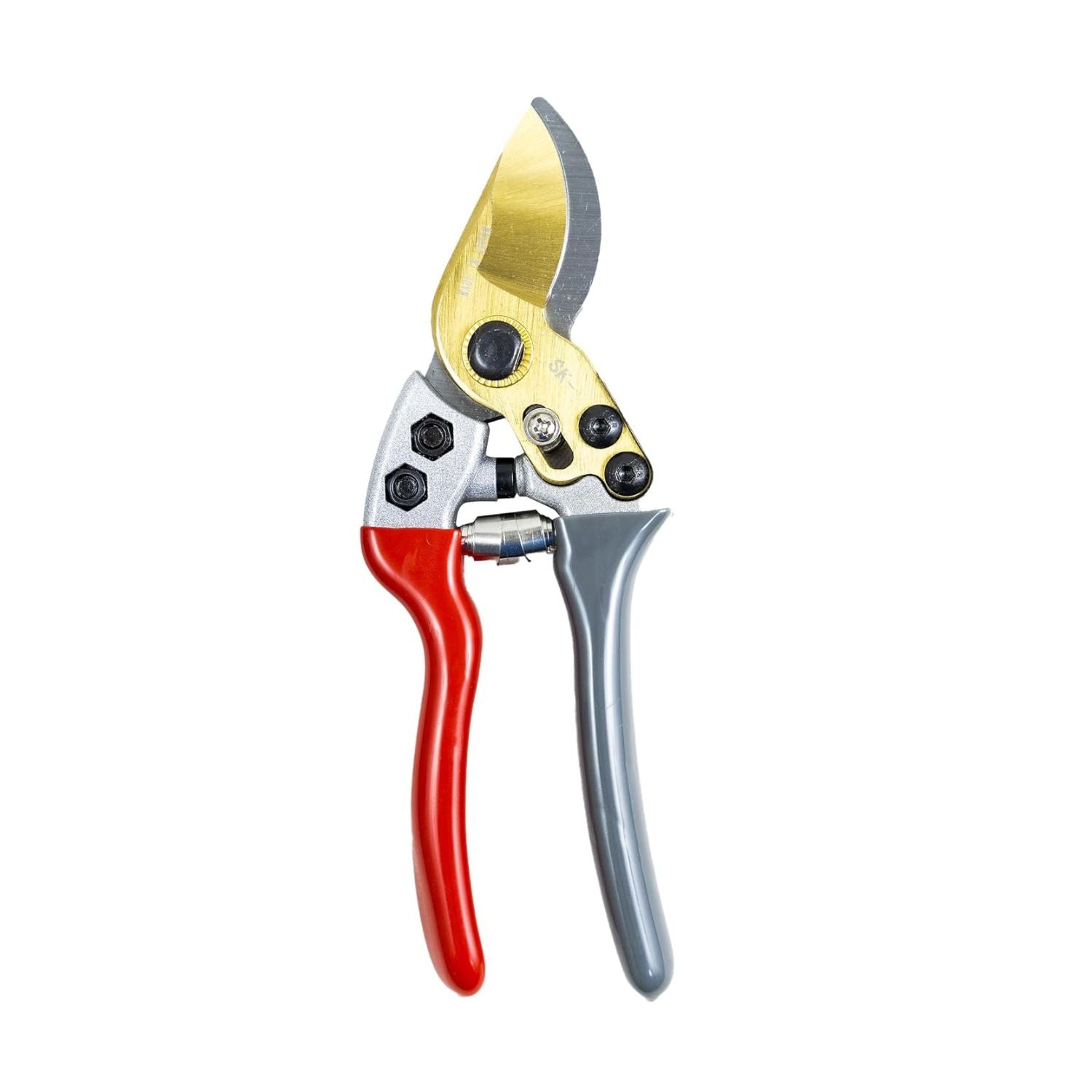 Gardening pruner with red handle and gold blade on a white background
