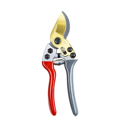 Gardening pruner with red handle and gold blade on a white background