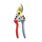 Gardening pruner with red handle and gold blade on a white background
