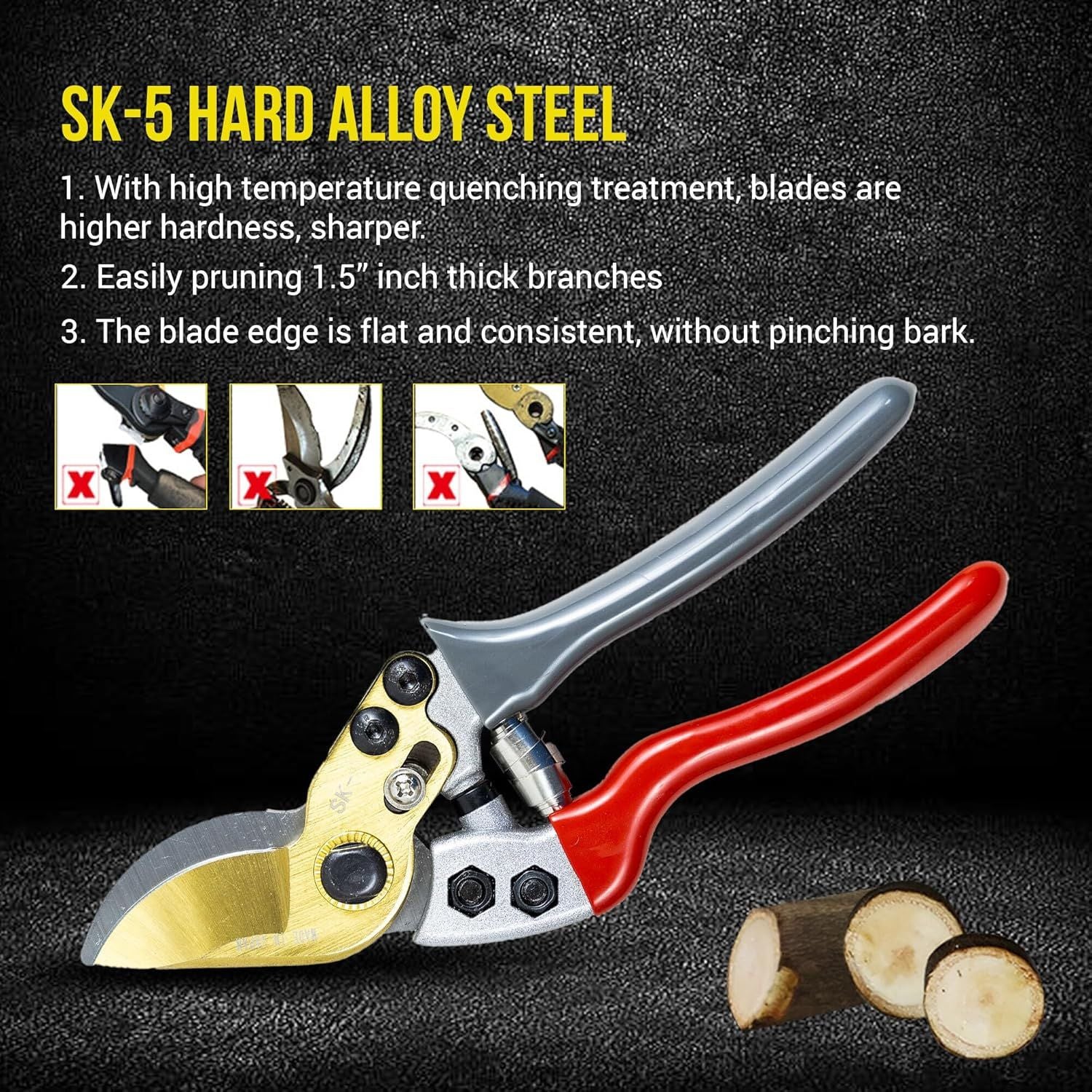 Pruning shears with red handle and gold blades on a black background, featuring text about SK-5 hard alloy steel.