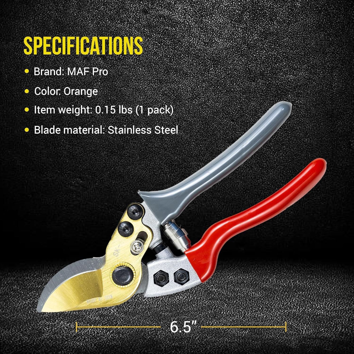 Pruning shears with red handles and gold blades on a black background, featuring MAF Pro branding.